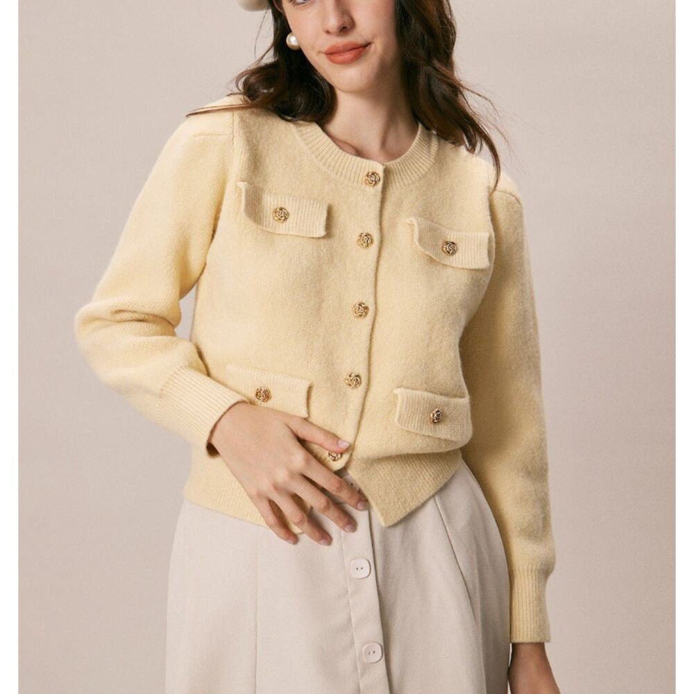 Rihoas Yellow Round Neck Knit Cardigan Sweater Gold Button One Size - Picture 2 of 9